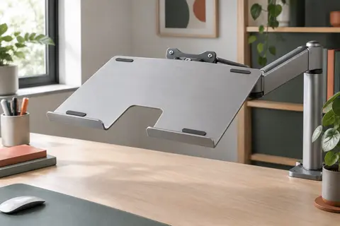 Plateau argenté pour ordinateur portable avec rebord inférieur et ouverture centrale, fixé à un bras VESA