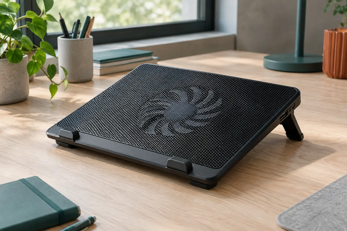 Support ventilé noir Ewent EW1250 avec grille de ventilation, inclinaison légère et port USB sur un bureau