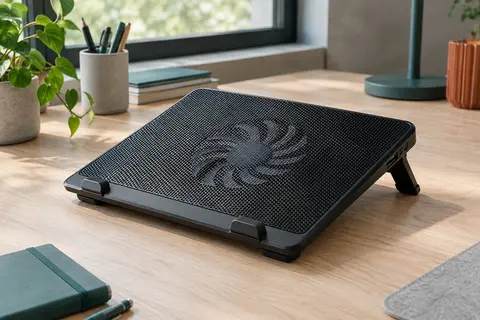 Support ventilé noir Ewent EW1250 avec grille de ventilation, inclinaison légère et port USB sur un bureau