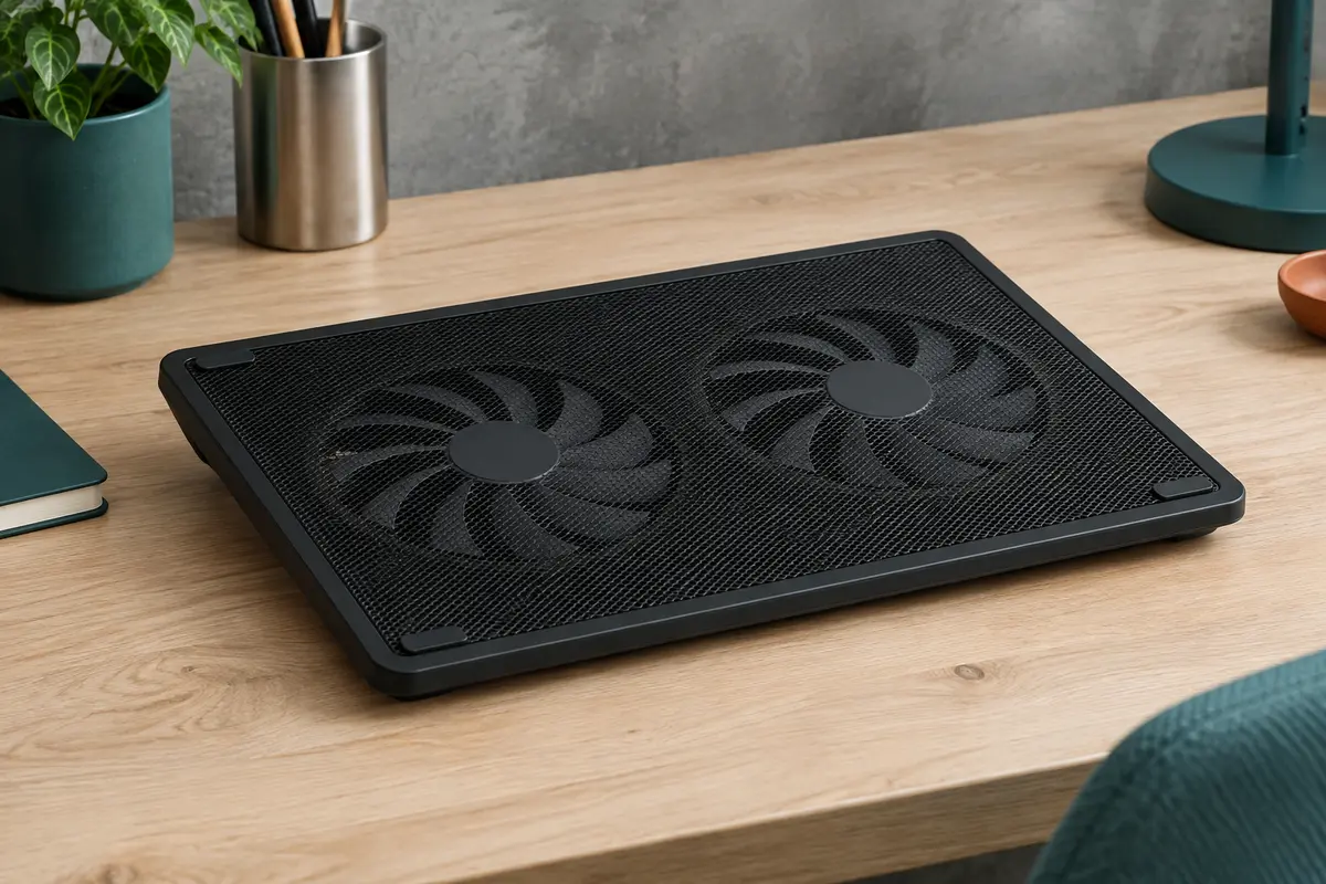 Support ventilé noir Ewent EW1256 avec deux ventilateurs intégrés, posé sur un bureau en bois clair.