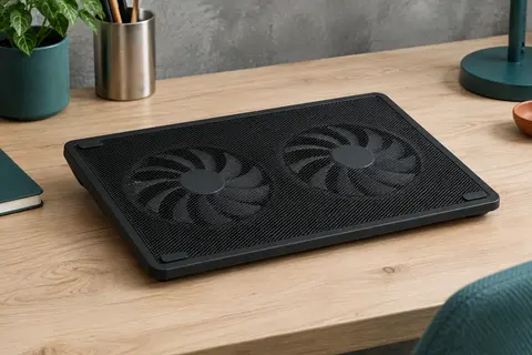Support ventilé noir Ewent EW1256 avec deux ventilateurs intégrés, posé sur un bureau en bois clair.