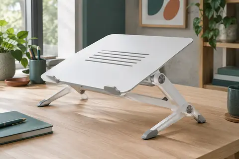 Support Fellowes QuickLift I-Spire blanc déployé sur un bureau, avec ses pieds pliables visibles.