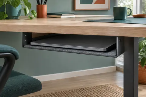 Équerres de rangement en métal noir vissées sous un bureau en bois clair, avec un ordinateur portable fermé glissé à plat entre elles
