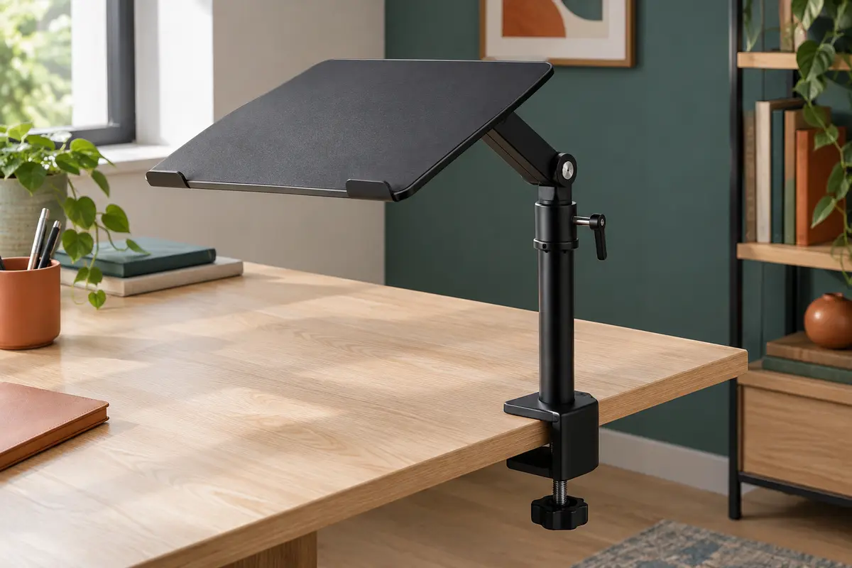 Support noir pour ordinateur portable fixé au bureau, avec plateau inclinable et réglage en hauteur.