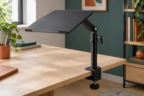 Support noir pour ordinateur portable fixé au bureau, avec plateau inclinable et réglage en hauteur.