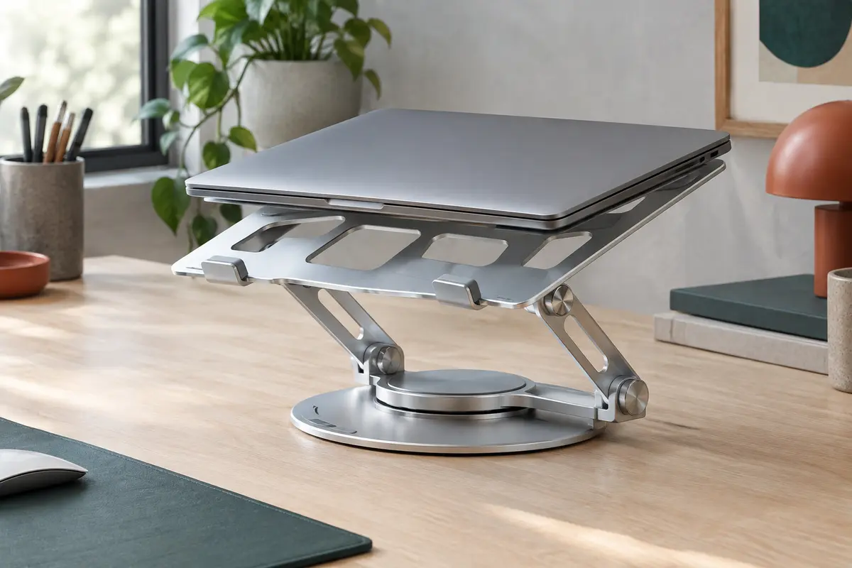 Support métallique argenté pour ordinateur portable, réglable, pliable et monté sur une base rotative.