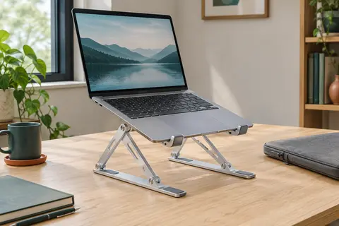 Support pliable en aluminium argenté avec ordinateur posé sur sa structure ajourée, sur un bureau en bois clair.