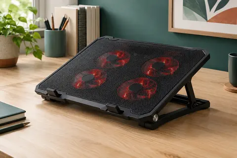 Support ventilé noir à quatre ventilateurs rouges, incliné sur un bureau en bois clair