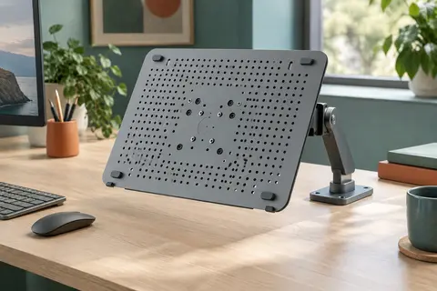 Plateau adaptateur gris perforé Hftek FA03LH avec points de fixation VESA, présenté sur un bureau en bois clair.