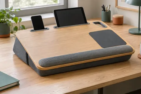 Plateau pour ordinateur portable ton chêne avec coussin gris, fentes intégrées, tapis de souris et poignée