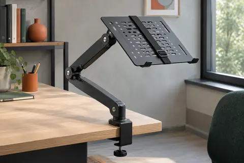 Bras articulé noir Huanuo fixé à un bureau, avec plateau ventilé et sangle de maintien
