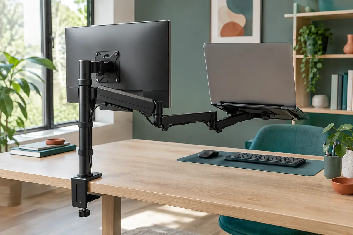 Bras articulé noir avec plateau pour ordinateur portable et écran, fixé à un bureau en bois clair.