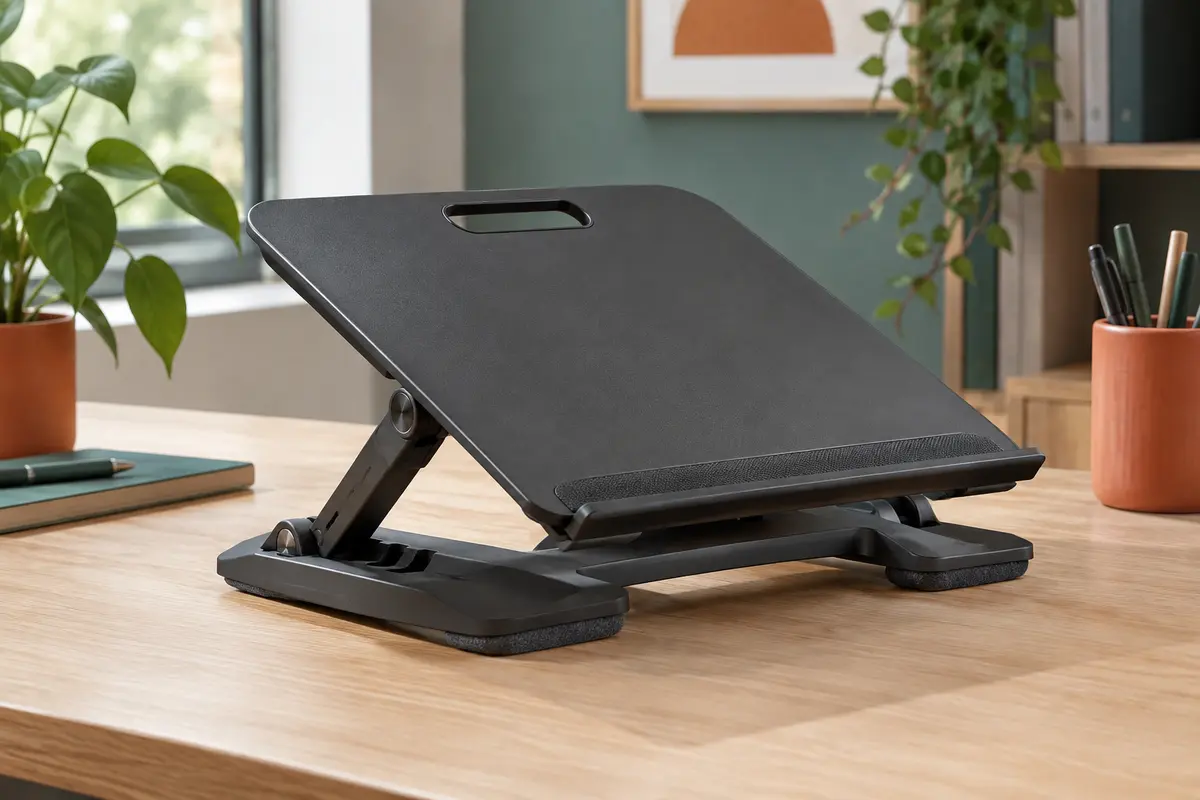 Plateau noir pour ordinateur portable incliné, avec rebord antidérapant, poignée et deux coussins sous la base.