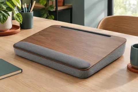 Plateau de genoux à surface marron effet bois posé sur un coussin gris rembourré, avec repose-poignet et rainure pour tablette, sur une table en bois clair