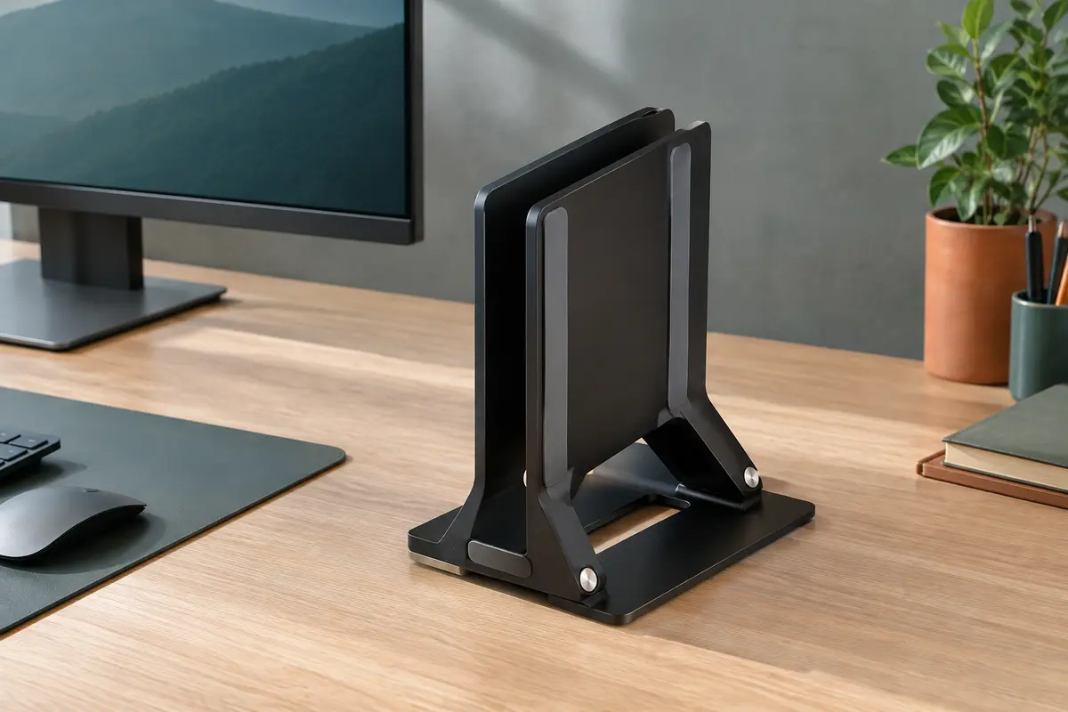Support vertical en aluminium noir posé sur un bureau clair, avec son ouverture et ses éléments de maintien en silicone.