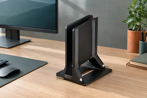 Support vertical en aluminium noir posé sur un bureau clair, avec son ouverture et ses éléments de maintien en silicone.