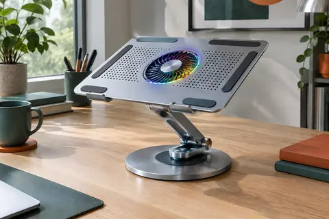 Support ventilé argenté avec bras réglable, base pivotante et ventilateur magnétique à éclairage RGB