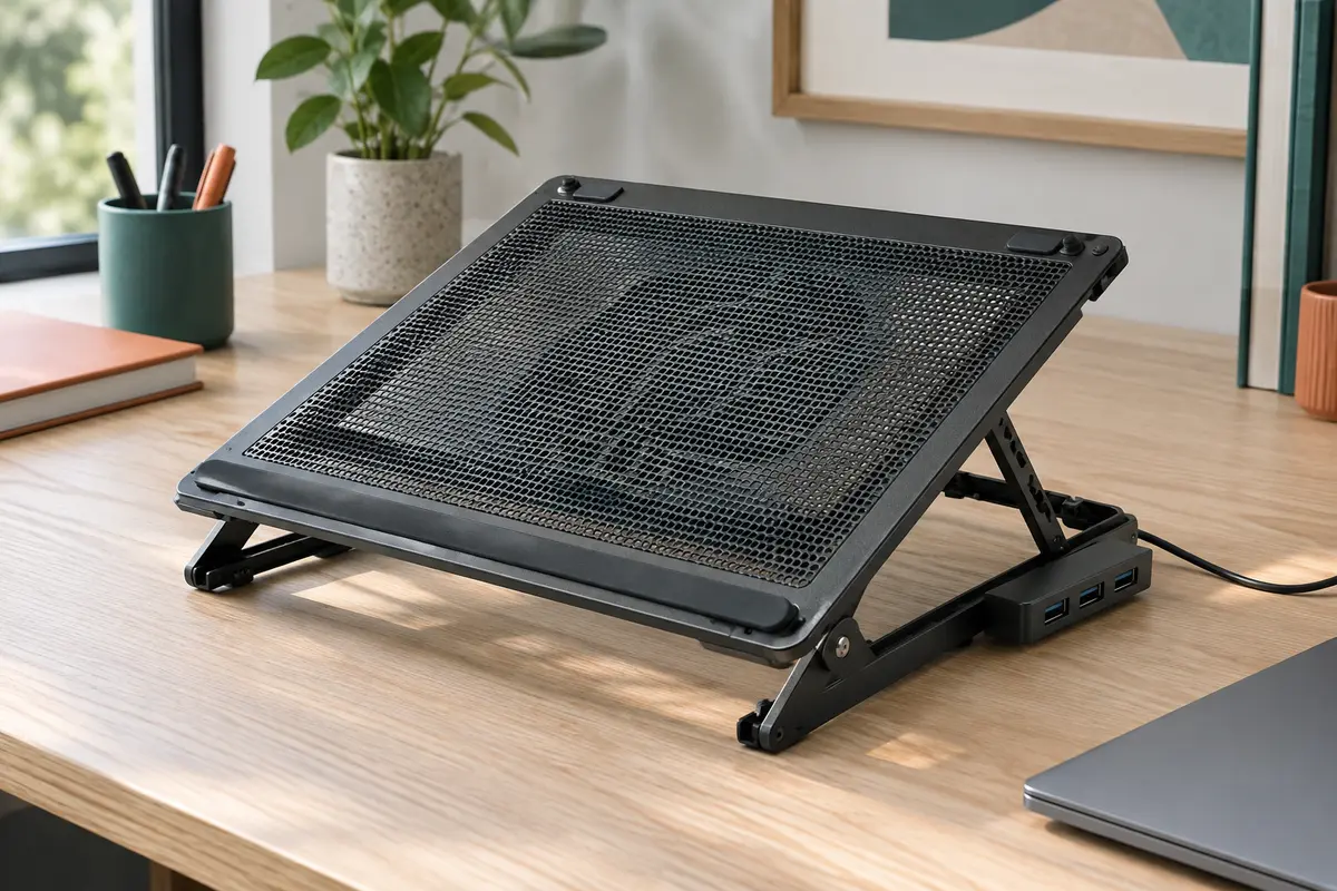 Support ventilé noir Iets GT500 avec mousse périphérique et hub USB, posé sur un bureau en bois clair