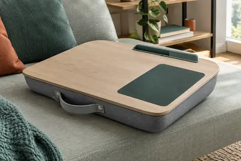 Plateau gris pour ordinateur avec tapis de souris intégré, poignée de transport et support incliné pour téléphone.