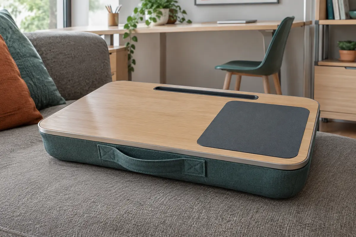 Bureau portable InnovaGoods Deskion avec plateau rigide et coussin gris posé sur un canapé