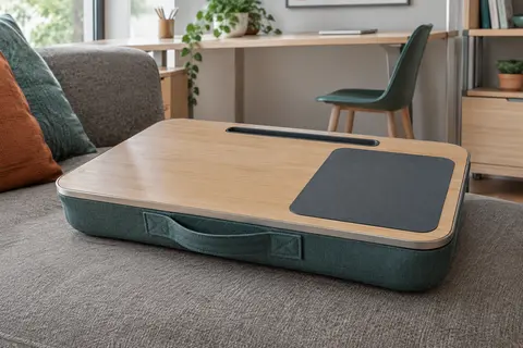 Bureau portable InnovaGoods Deskion avec plateau rigide et coussin gris posé sur un canapé