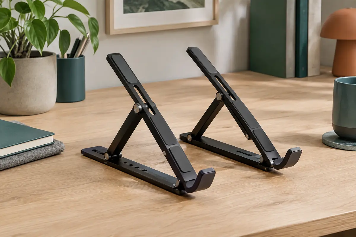 Support pliable noir pour ordinateur portable, posé sur un bureau en bois clair dans un espace de travail