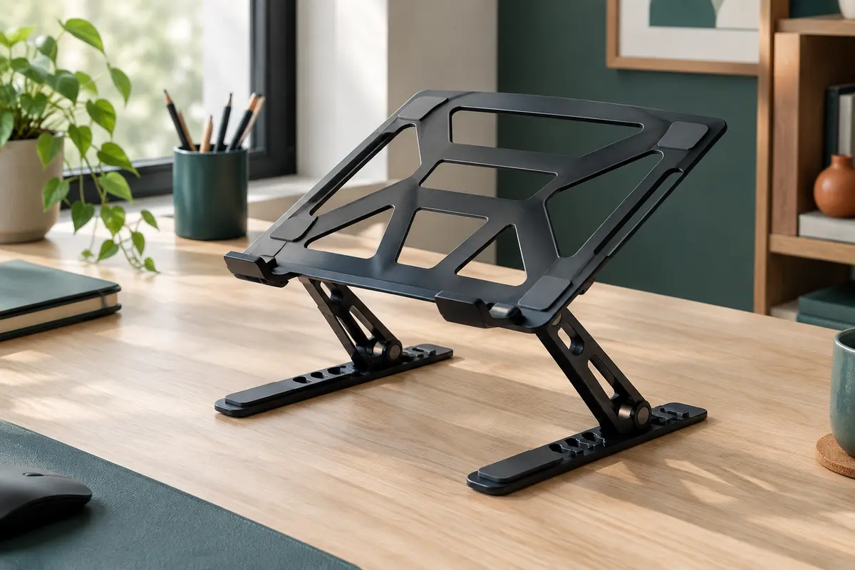 Support Jumkeet noir pliable et ajouré, installé sur un bureau en bois clair