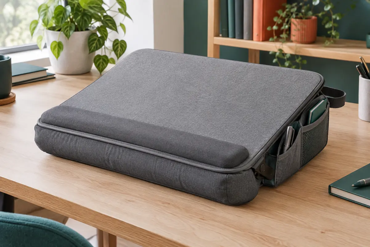 Coussin plateau gris pour ordinateur portable avec repose-poignet, rangements et poignée de transport