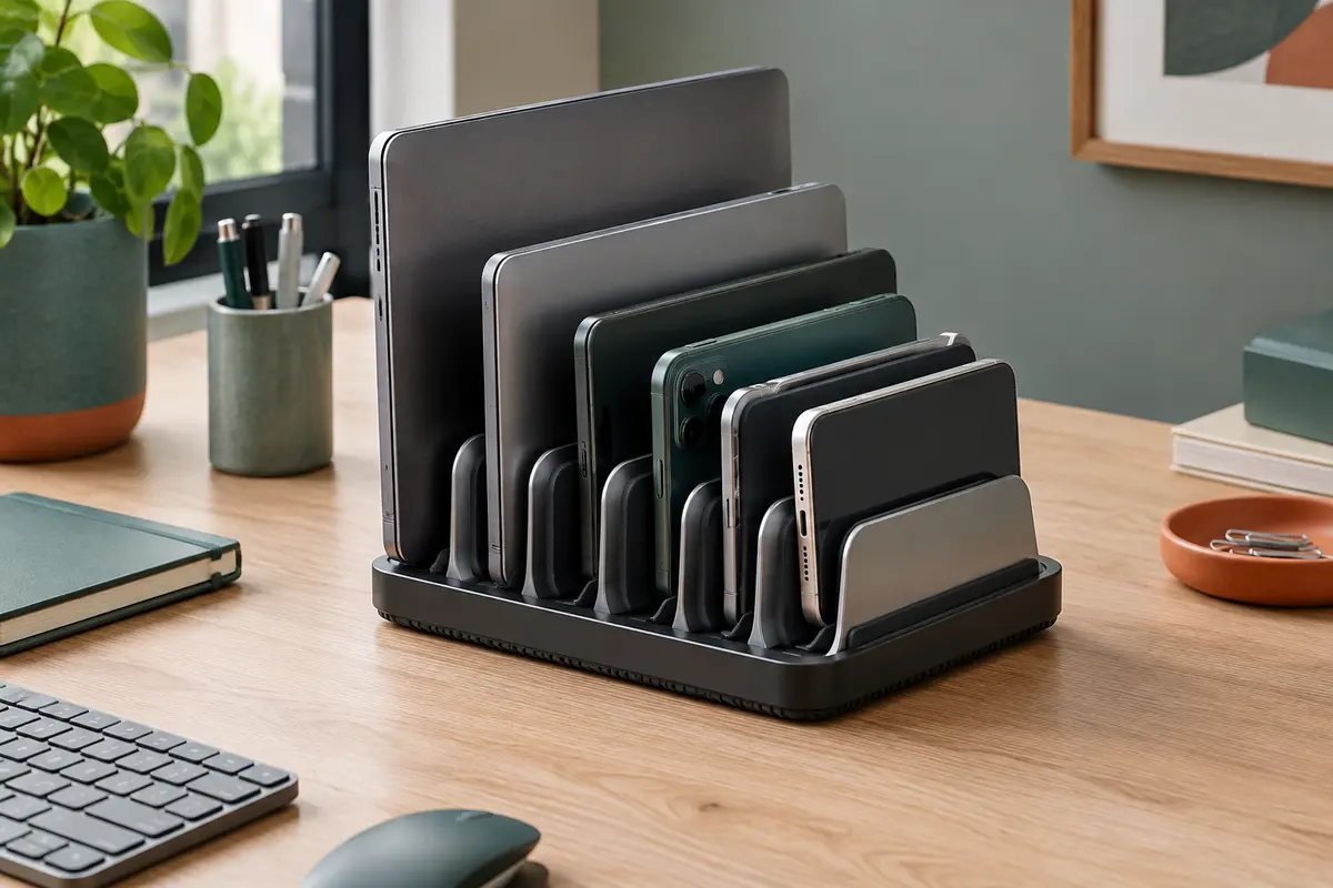 Support vertical KDD noir et argent à six fentes, rangé avec des appareils sur un bureau en bois clair.