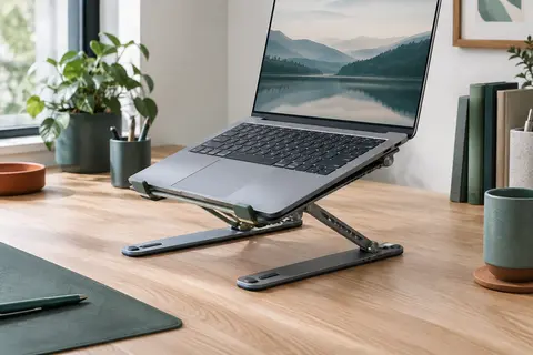 Support Kensington Easy Riser gris incliné sous un ordinateur portable, posé sur un bureau en bois clair