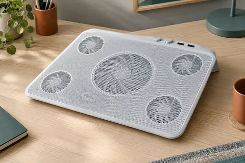 Support ventilé blanc, large et plat, dont la grille laisse voir cinq ventilateurs, un grand au centre et quatre plus petits, sur un bureau en bois clair