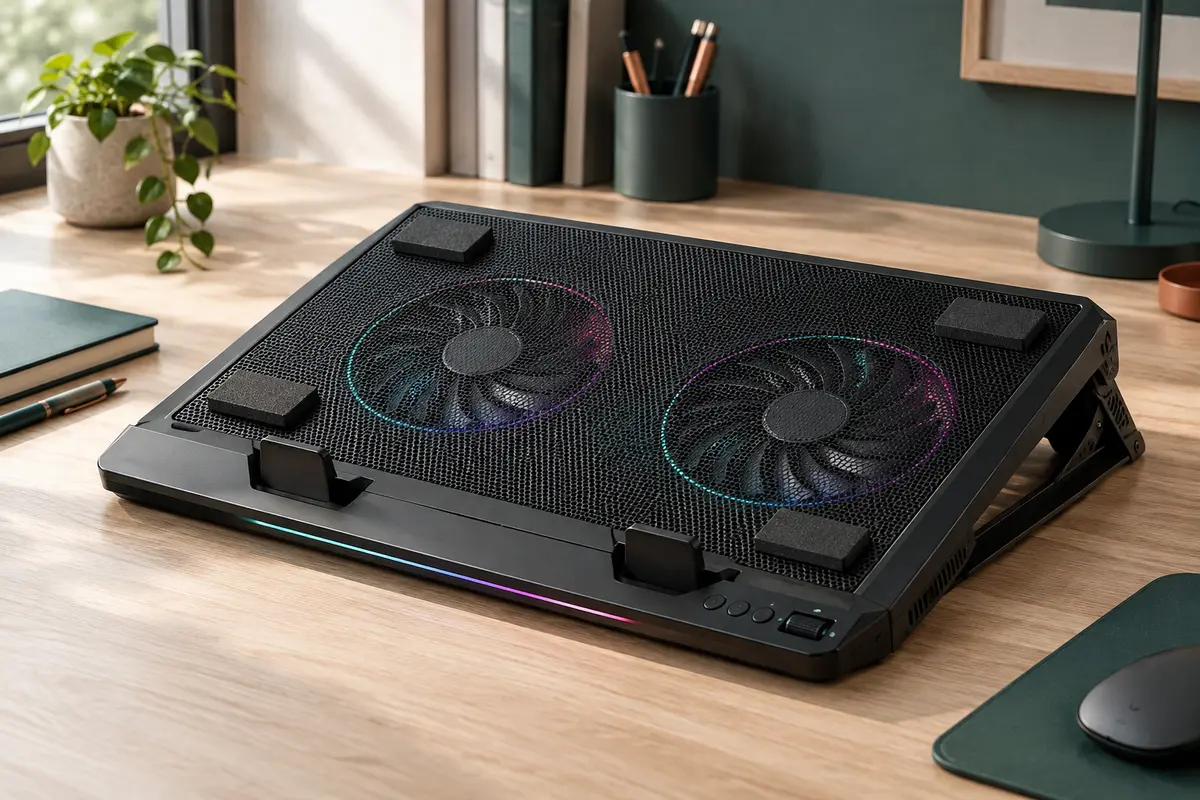 Support ventilé noir KLIM Everest avec deux turboventilateurs et éclairage RGB sur un bureau