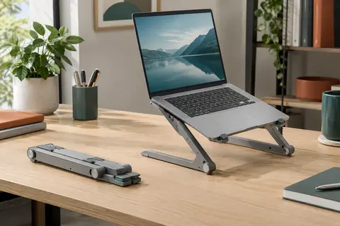 Support Leitz gris pour ordinateur portable, déplié sur un bureau et réglé pour surélever l’écran.