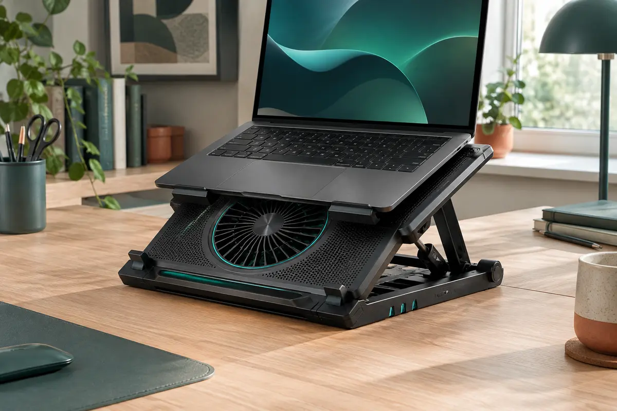 Support ventilé noir pour ordinateur portable avec ventilateur turbo et éclairage RGB sur un bureau