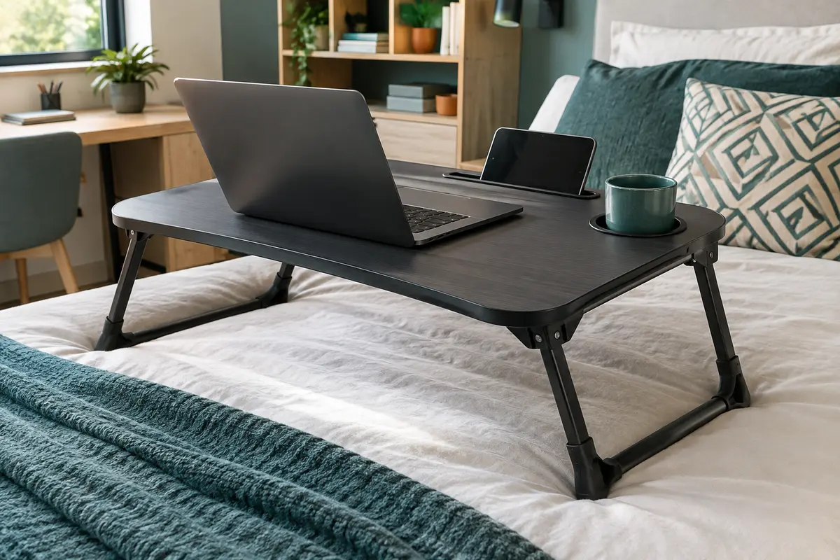 Table de lit noire pliable avec rainure pour tablette, porte-gobelet et pieds antidérapants