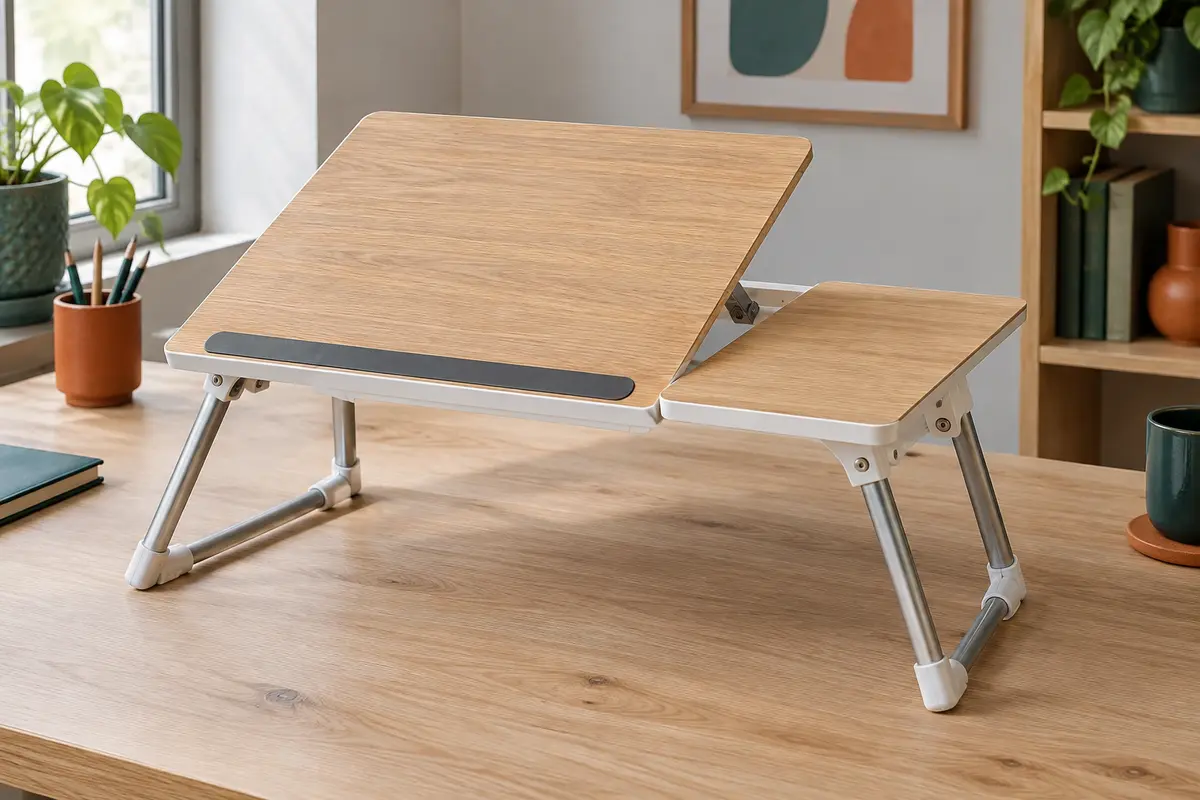 Table de lit au plateau chêne et blanc, avec une partie inclinée, une zone plane et des pieds pliants.