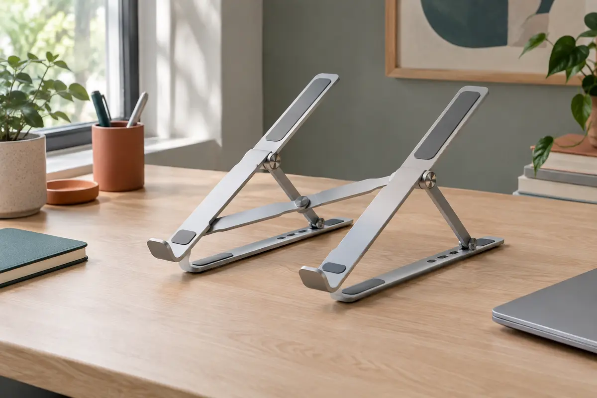 Support pliable en aluminium pour ordinateur portable, déployé sur un bureau en bois clair
