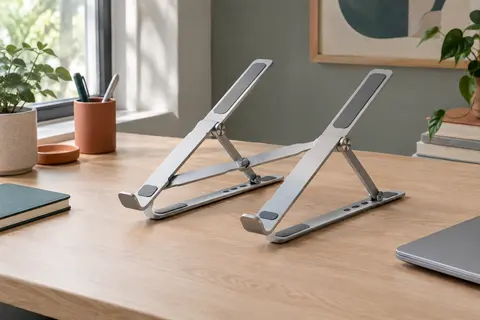 Support pliable en aluminium pour ordinateur portable, déployé sur un bureau en bois clair