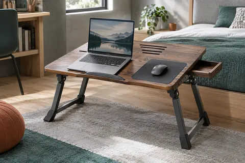 Table de lit pliable en bois brun avec tiroir, tapis de souris et pieds rabattables déployés