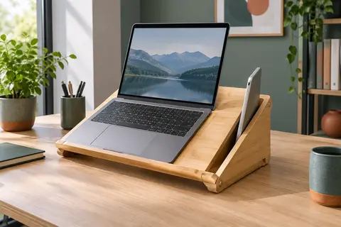 Support incliné en bambou avec un ordinateur portable sur un bureau en bois clair