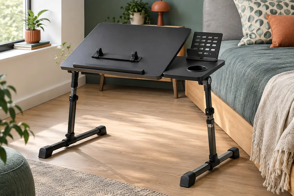 Table de lit pliable noire avec plateau inclinable, support d’ordinateur, appui livre et porte-gobelet intégrés.