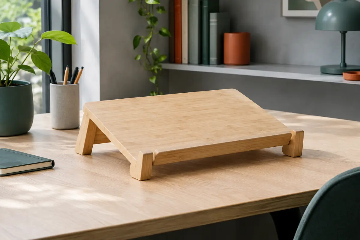 Support fixe surélevé pour ordinateur portable en bambou naturel posé sur un bureau en bois clair
