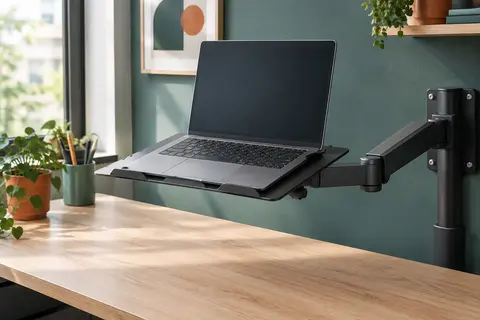 Adaptateur noir myWall HLA3L fixé à un support VESA avec un ordinateur portable sur un bureau dégagé