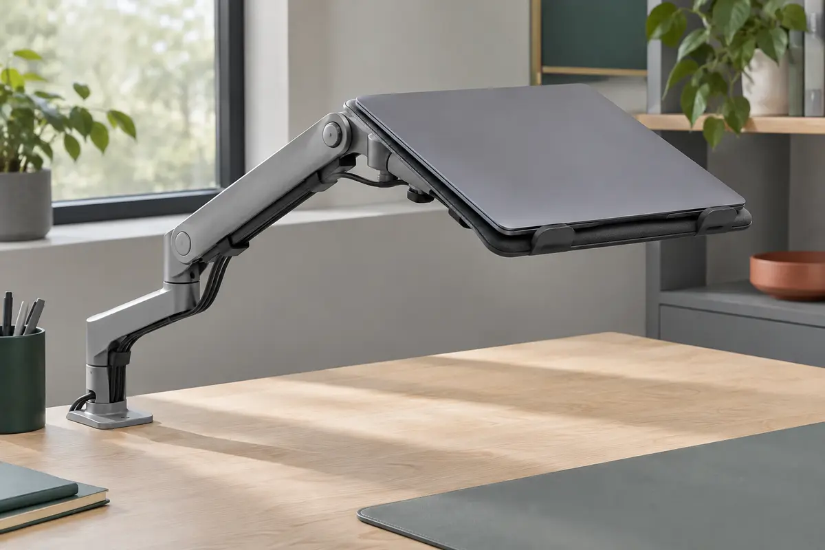 Bras articulé gris installé sur un bureau, avec un ordinateur portable posé sur son support rembourré.