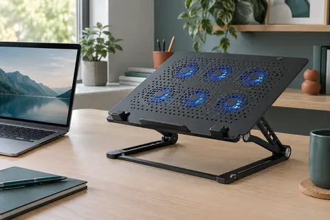 Support ventilé NK noir en métal, avec six ventilateurs bleus et hauteur réglable, posé sur un bureau.