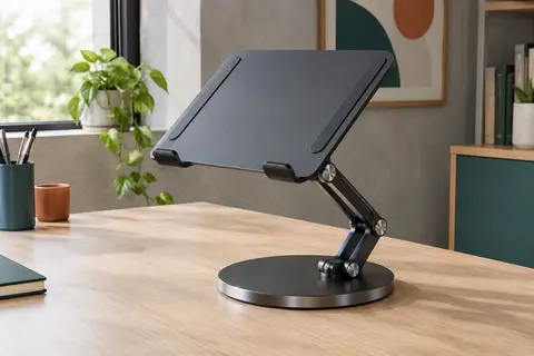 Support noir pour ordinateur portable, avec base ronde et bras articulé, posé sur un bureau en bois clair.