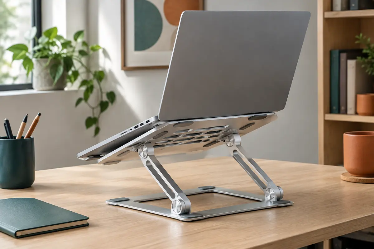 Support pliable en métal argenté réglable, posé sur un bureau avec un ordinateur portable.