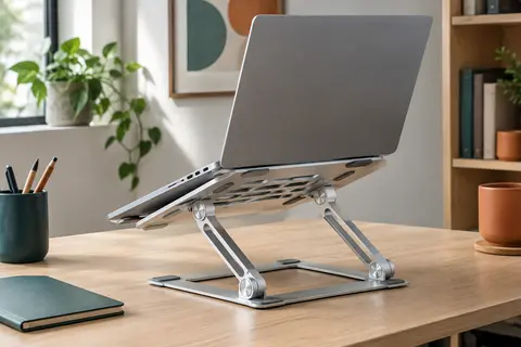 Support pliable en métal argenté réglable, posé sur un bureau avec un ordinateur portable.
