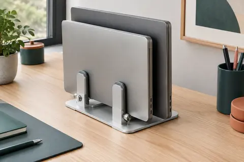 Support vertical double Omoton en aluminium argenté, avec deux ordinateurs portables rangés sur un bureau