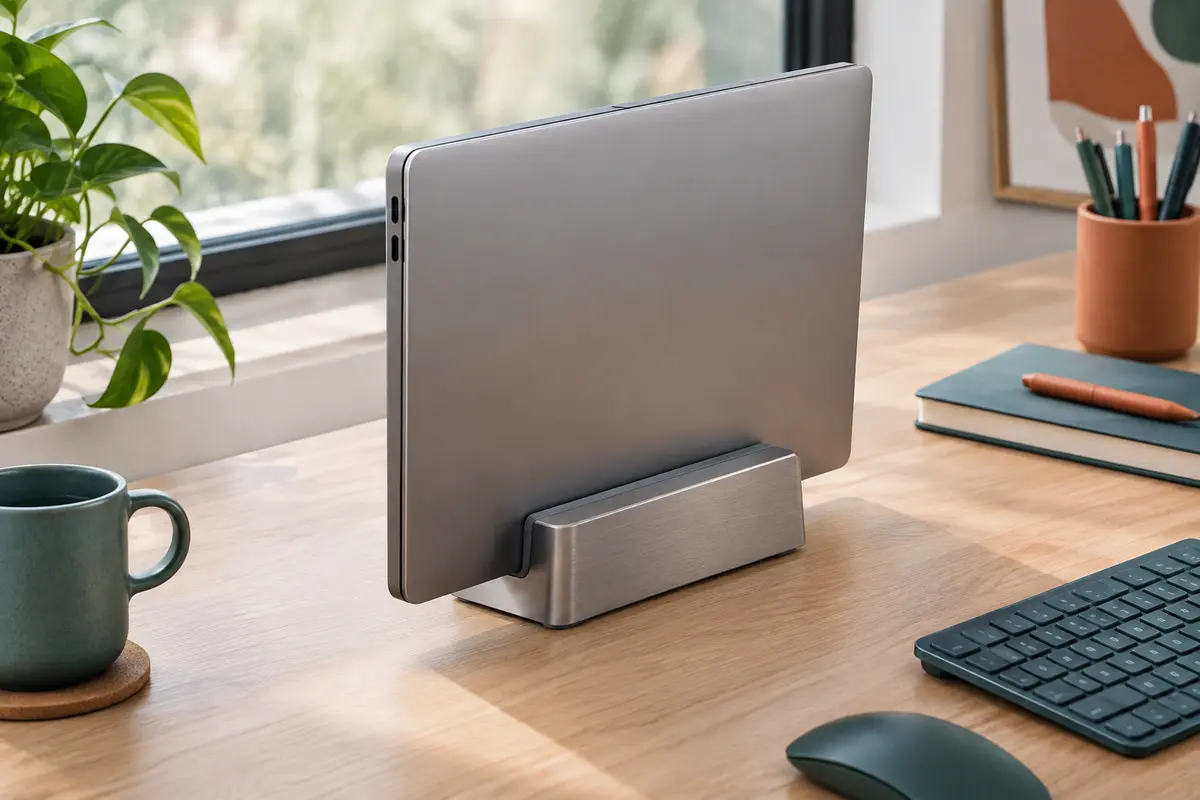 Socle vertical compact en aluminium gris à rainure réglable, avec un ordinateur portable fermé rangé debout, sur un bureau en bois clair